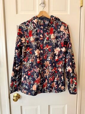 Columbia Women's Navy Floral Hooded Raincoat with Red & Pink Bird Accents